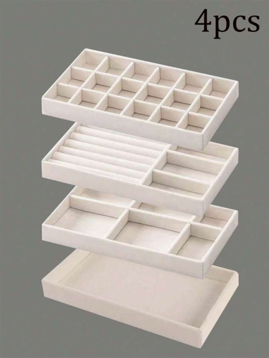 4 pièces/set Plateau de bijoux en velours, boîte de rangement pour maquillage, plateau d'affichage pour maquillage, plateau d'affichage de bijoux mode, plateau de bijoux d'une seule couleur, plateau organisateur de bijoux empilable, plateau organisateur de bijoux à plusieurs compartiments, plateau d'affichage de colliers - Multicolore - Voir 1