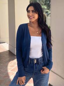 EMERY ROSE Single Breasted Long Sleeve Cardigan - Blue - View 1