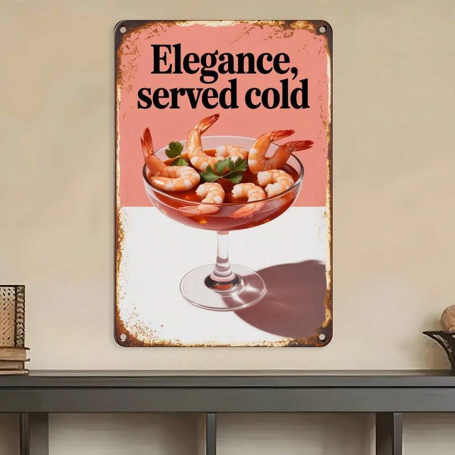 1pcs Shrimp Cocktail Elegance Served Cold Tin Sign Vintage Seafood Cocktail Party Metal Sign Print Suitable For Room Bathroom Cave Bar Cafe Garage Garden And Outdoor Decoration 8X12 Inch - 鏽棕色 - 查看 1