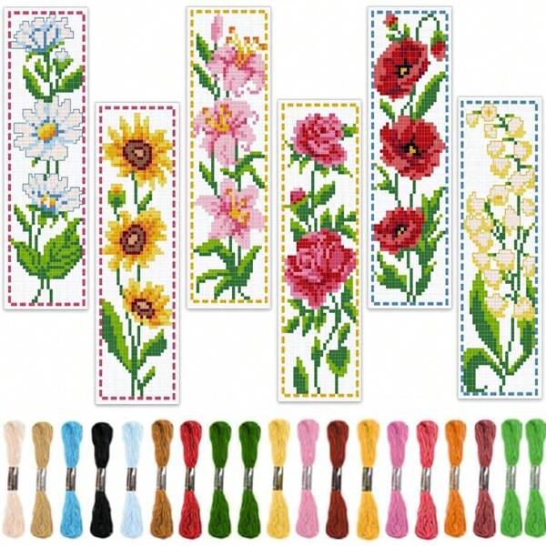 6 Pcs Floral Cross Stitch Bookmark DIY Craft Kit - Includes Lily Of The Valley, Daisy, Sunflower, Rose Patterns, With Embroidery Floss, Tools And Instructions - Suitable For Sewing Hobbyists And Beginners As Bookmarks And Home Decor