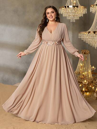 Faeriesty Curve Plus Elegant Appliques V Neck Lantern Sleeves Chiffon Formal Party Dress For Galas, Weddings, Proms, Red-Carpet Events, And High-End Banquets​