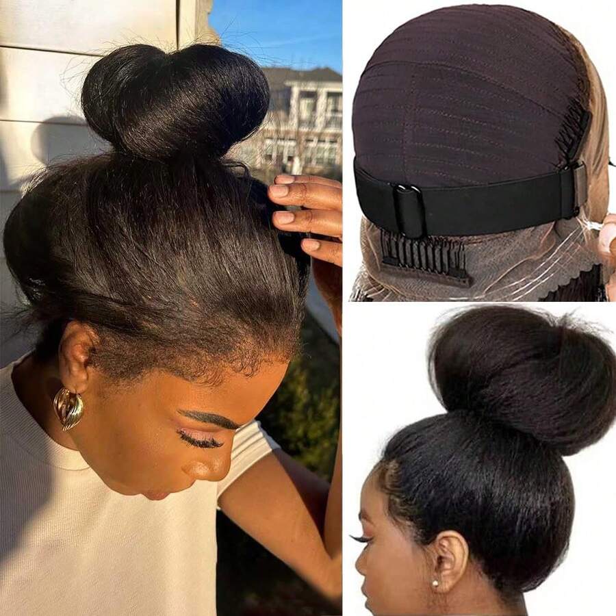 bling hair Hair Hidden Strap Kinky Straight Invisible Drawstring Flexible Glueless Human Hair Wigs Pre Plucked Pre Cut 360 Full Lace Front Wigs Human Hair 24 Inch Full Lace Kinky Straight Wigs For Women Straight 180% Density Natural Black - Natural Black - 查看 1