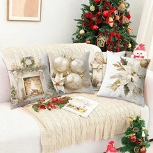 4 fundas de cojín con patrones de árbol de Navidad, campana y copo de nieve, de estilo moderno y tela de poliéster suave, ideales para decoración navideña y de invierno en la sala de estar, dormitorio y cabaña