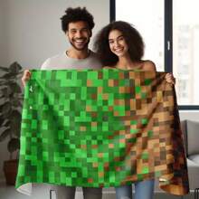 Pixel Block Grass Print Flannel Blanket - Soft & Warm Polyester Knit, All-Season Comfort, Ideal For Bedding, Sofa, Office, And Outdoor Use, Perfect Gift For Family And Friends, Office Comfort Pixel Art Blanket Polyester Fiber, Cute Blanket