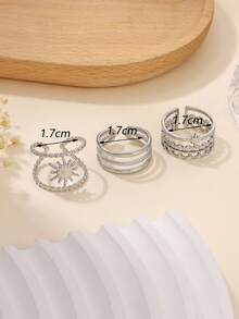 3pcs Adjustable Stainless Steel Golden Sunburst Design Rings, Suitable For Women's Daily Decoration Or Gift - Silver - View 3