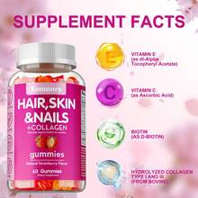 XEMENRY Hair, Skin And Nails Gummies - With Biotin,Collagen,Skin Moisturizing, Nails Growth,Anti-Aging, Antioxidant,Healthy Skin - 60pcs - 60 viên kẹo dẻo - Xem 5