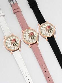 3pcs Fashion Elegant Gift Set: Casual Floral Quartz Watch, Versatile Leather Belt, Suitable For Gifts, Sisters And Couples
