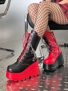 Goth Platform Boots For Women Punk Combat Boots Mid Calf Motorcycle Boots Round Toe Boots Lace-Up Back Zip Wedges Y2K Cosplay Size 11