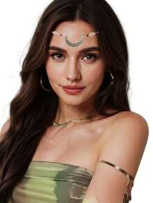 1pc Women's Vintage Silver-Color Black Crystal Forehead Chain With Crescent Moon Boho Design,Halloween - Silver - View 1