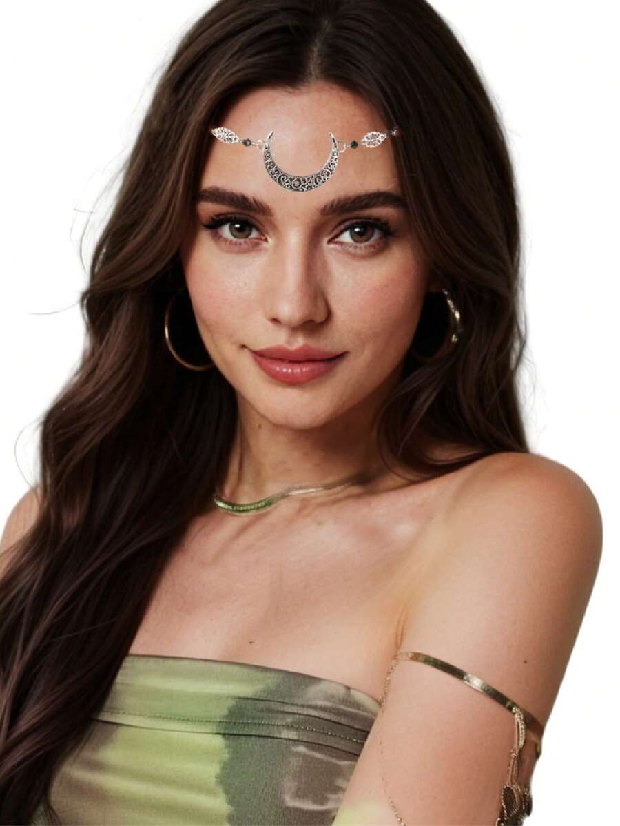 1pc Women's Vintage Silver-Color Black Crystal Forehead Chain With Crescent Moon Boho Design,Halloween - Silver - View 1