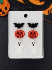 1 对亚克力万圣节恐怖蝙蝠、南瓜、鬼魂设计时尚珠宝耳环，适合女士，是节日派对的完美礼物（随机卡片）