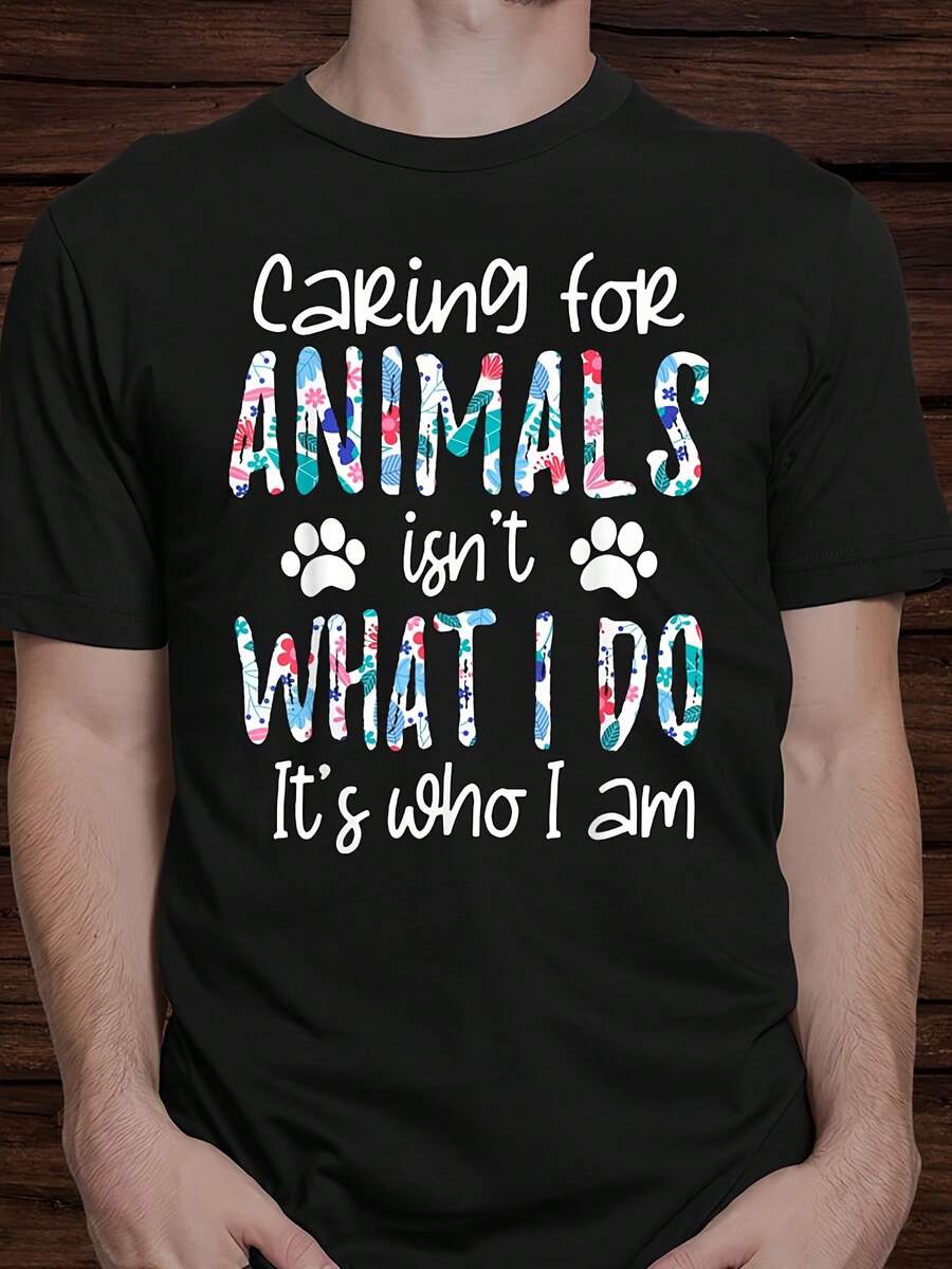 Men'S Vintage-Inspired "Caring For Animals Is't What I Do, It'S Who I Am" T-Shirt - Casual Black With Colorful Paw Print Design, Soft & Comfortable Cotton, Regular Fit For Casual Attire-100% Cotton T-Shirt - Black - View 1