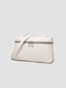 1 件纯色荔枝纹 PU 方形斜挎包，女士小钱包，适合日常时尚搭配和外出 - 白色 - 查看 2