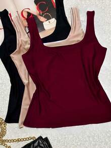Kit Of 3 Women's Tank Tops, Summer, Suplex, Double Lining, Basic, Plain - 裸色和黑色酒紅色 - 查看 1