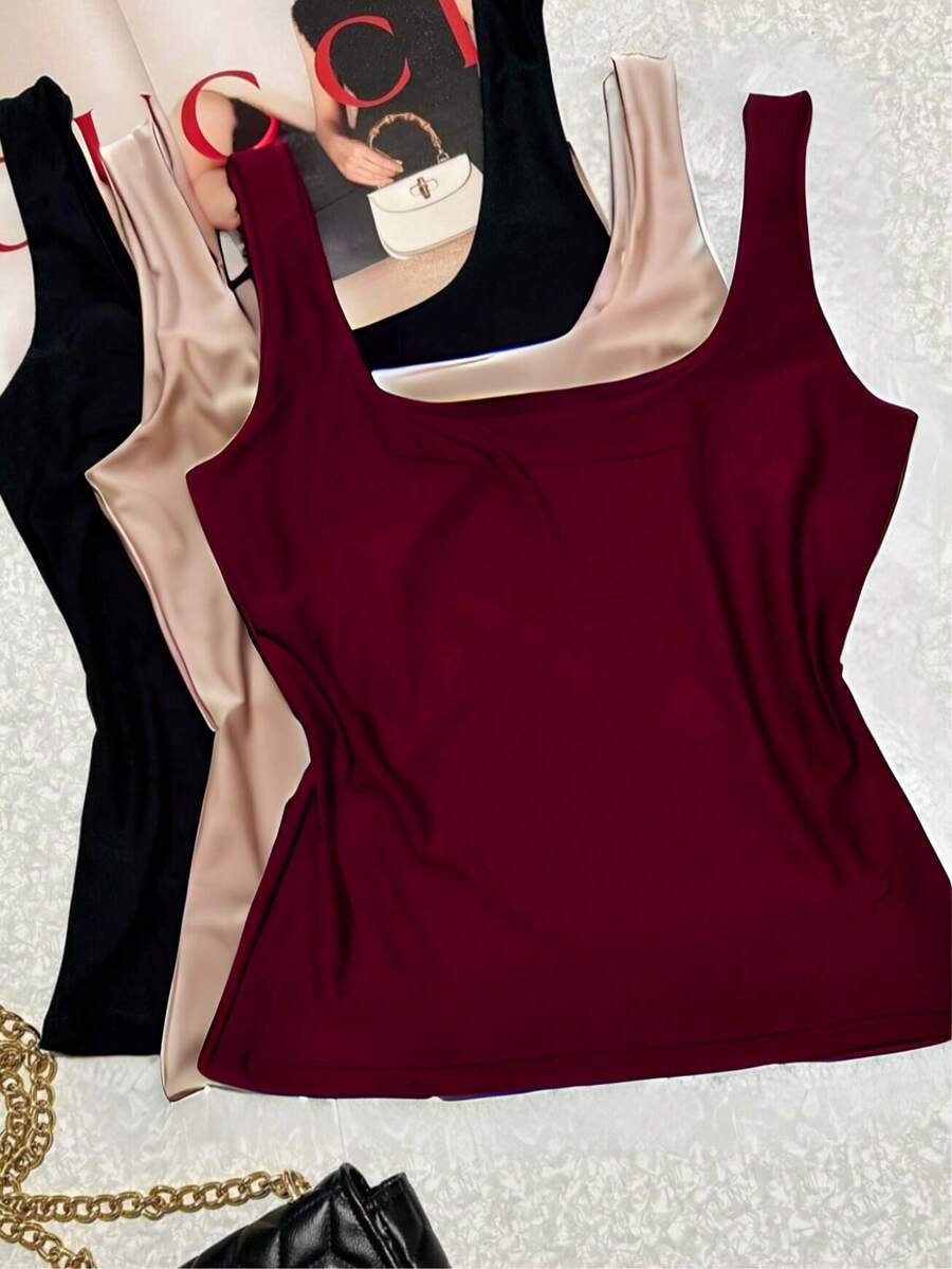 Kit Of 3 Women's Tank Tops, Summer, Suplex, Double Lining, Basic, Plain - 裸色和黑色酒紅色 - 查看 1