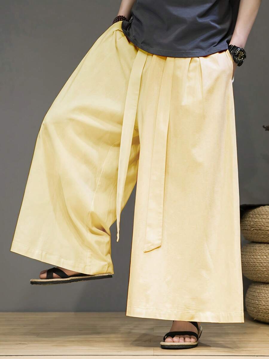 男士复古中国风棉质阔腿裤，宽松抽绳腰休闲瑜伽裤，适合春秋季，功夫剑术汉服裤