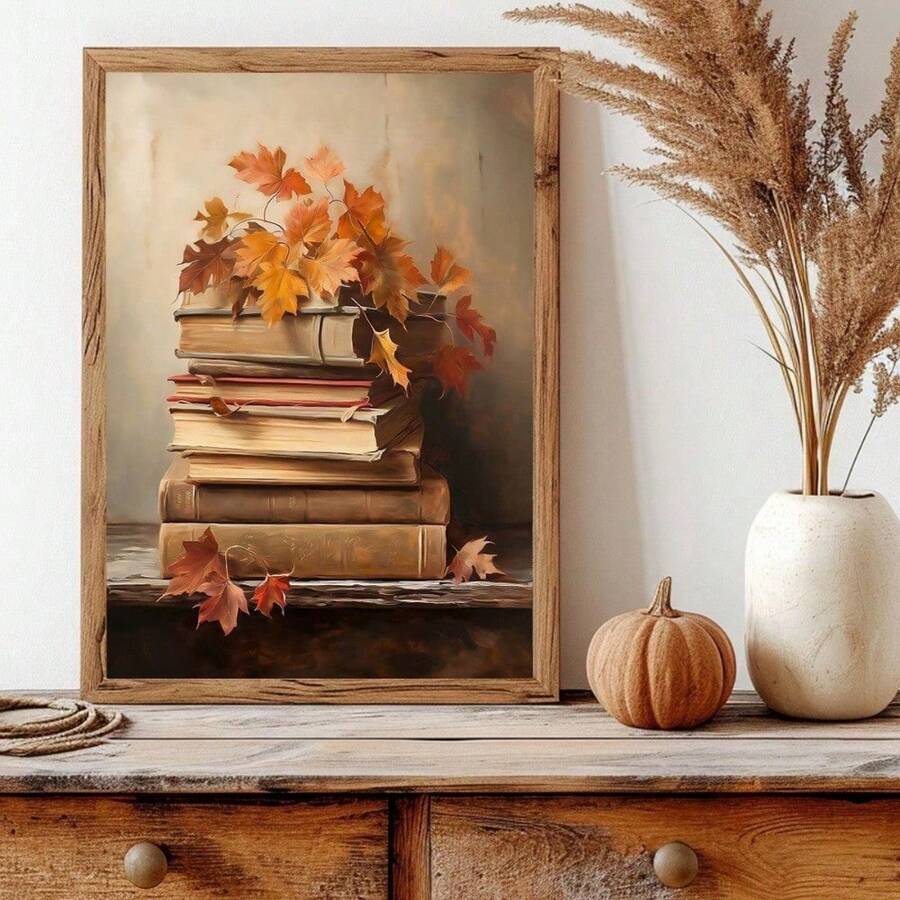 1 pièce Décoration d'art, Nature morte de livre d'automne rustique, Impressions de style ferme vintage, Art mural de style rustique, Peintures de campagne d'automne, Décoration d'accueil de la saison effrayante, Décoration d'Halloween, Peintures d'Halloween vintage, Décoration d'automne sans cadre - Multicolore - Voir 1