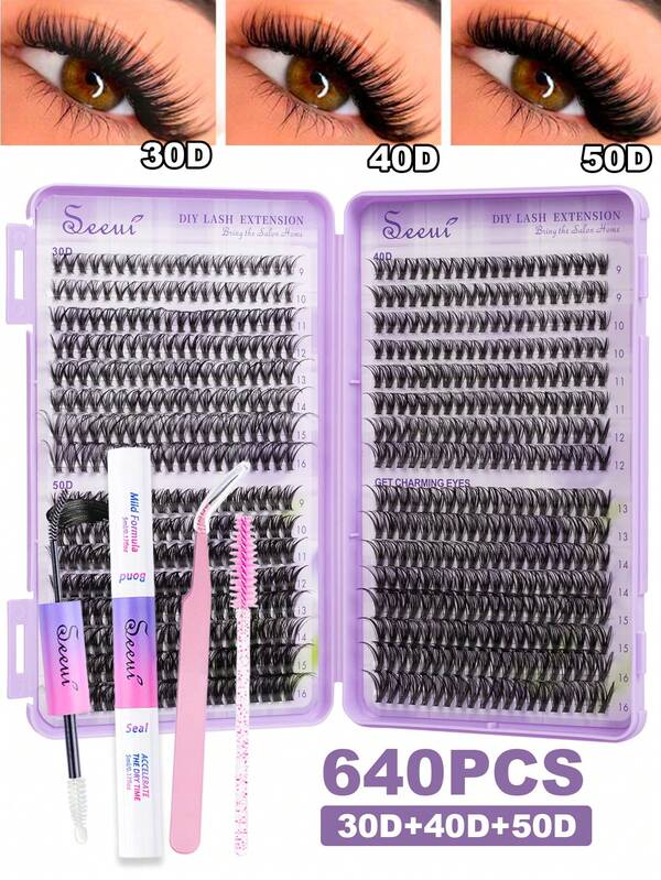 600 Pcs 10-16mm, Lash Extension Kit DIY 30D, 40D, 50D, 60D, 80D, 100D D Curl, Mix Individual Lashes KitLash Clusters Eyelash Extension Kit With Lash Bond And Seal, Lash Tweezers, Eyelash Curler For Self Use