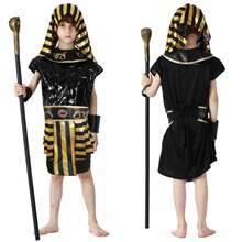 儿童埃及法老角色扮演服装套装，古埃及法老万圣节服装（男孩和女孩适用），金字塔主题派对装扮 - 彩色 - 查看 4