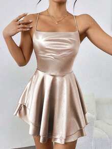 2025 NEW Women's Satin Mini Dress With Crisscross Back Straps And Tiered Hem | Stylish Summer Look. - Apricot - View 3