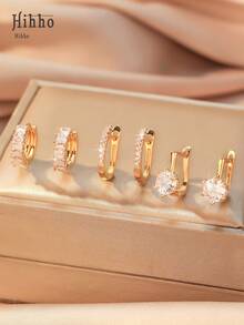 Hihho 6 件/套方晶锆石镶嵌圆形耳环，经典锆石耳环耀眼的 U 形耳环，精美女士珠宝派对礼物 - 圈式耳環 - 查看 14
