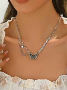 1 件兩層女式黑色蝴蝶吊墜項鍊,哥德式風格,高端利基設計配件
