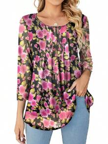 Womens 3/4 Sleeve Pleated Round Neck Blouses Dressy Casual Fall Mesh Tops Women 2025