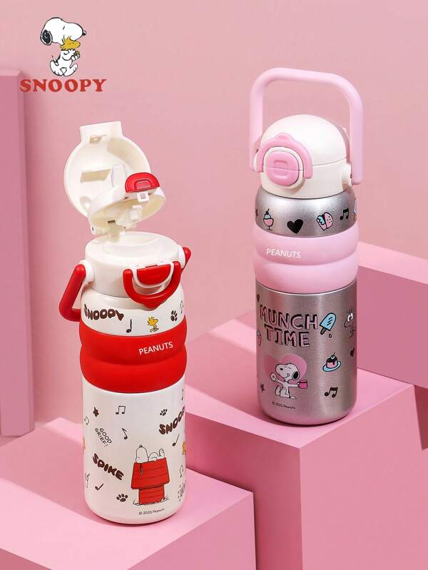 SNOOPY 1 pièce Bouteille d'eau isolée sous vide en acier inoxydable SNOOPY de 600 ml, tasse isotherme portable de grande capacité pour hommes et femmes, avec poignée et paille, convient pour la voiture, les sports, les voyages