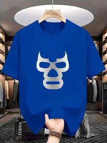 Round Neck White T-Shirt with Lucha Libre Mask Print for Casual Wear - Azul - Ver 2