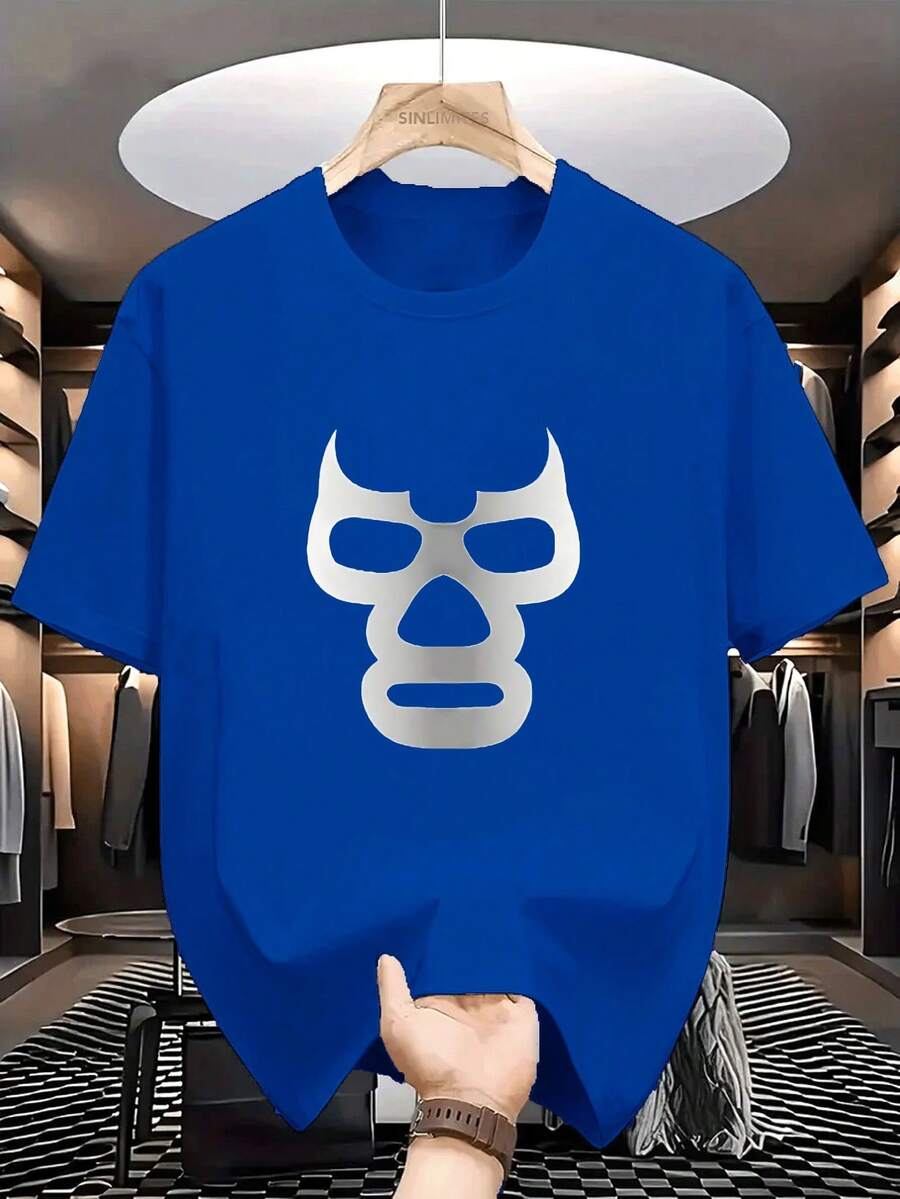 Round Neck White T-Shirt with Lucha Libre Mask Print for Casual Wear
