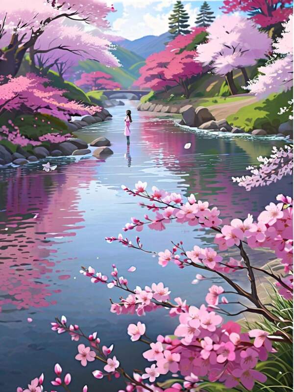 1pc Adult 5D Diamond Painting Kit, Full Drill Landscape Painting, Mosaic Home Wall Decor, Suitable For Beginners, Japanese Cherry Blossom & Mount Scene, Frameless