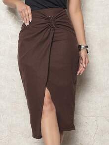 Women's Lined Pencil Skirt With Slit And Buckle Detail In Linen - Rỉ Nâu - Xem 3
