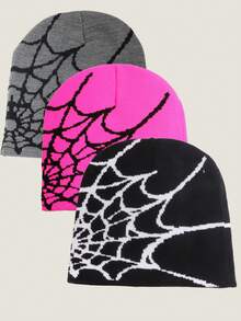 3 件万圣节蜘蛛网提花帽，优雅针织帽适合返校、旅行、派对、休闲、节日穿着秋季配饰 - 彩色 - 查看 9