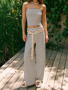 Women's 2 Piece Summer Stripe Casual Outfits Back Pleated Striped Print Bandeau Tops And Elastic Waist Wide Leg Long Pants Set Streetwear - 白色 - 查看 1