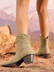Botines de mujer de punta fina con slip-on, forro de algodón, tela de ante, bordado occidental, tacón grueso, tacón medio, color albaricoque, botines de estilo americano, adecuados para otoño/invierno - Albaricoque - Ver 2