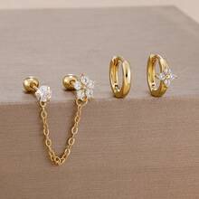 Set de 3 piezas de aretes de aro abrazador con flores de circonita chapadas en oro de 18K, aretes de cartílago Helix Daith de doble orificio con cadena, regalo de joyería para niñas - Flor3 - Ver 11