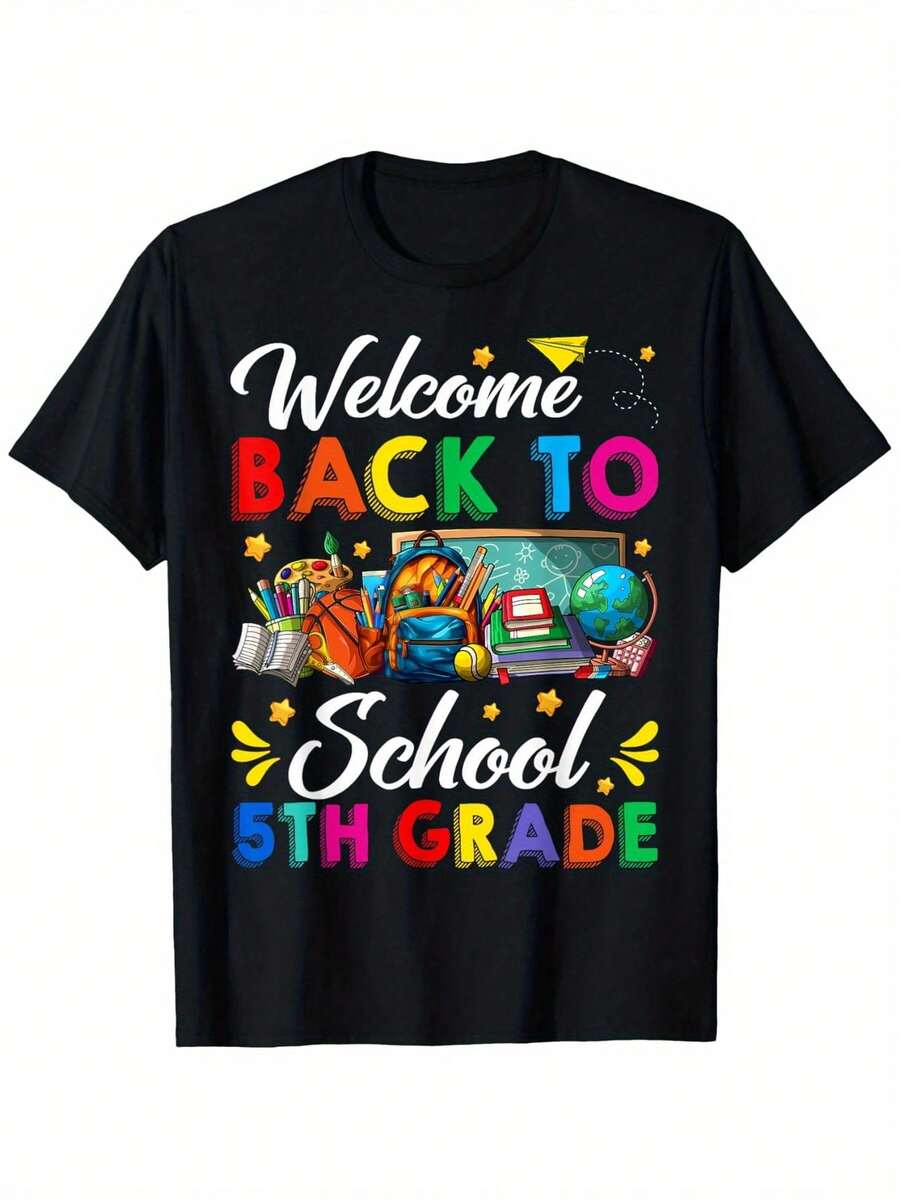 Welcome Back To School 5th Grade Students' First Day T-Shirt, Boys' 100% Pure Cotton Round Neck Short Sleeved Summer T-Shirt - Perfect Holiday Gift, Birthday Party Gift, Youth Return To School Gift - màu đen - Xem 1