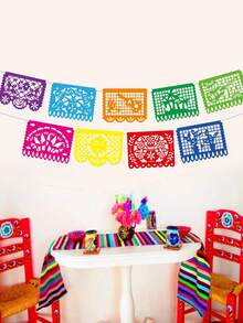 Mexican Style Flag Banner, 8pcs Square/9pcs Rectangle Hanging Felt Flags, Colorful Hollowed-Out Flags Mexican Elements Garland Flag Banner, Perfect For Day Of The Dead Decor,Mexican Party Decor,Carnival Festival Holiday Halloween Party Supplies, Pinata Themed Wall Background Decoration