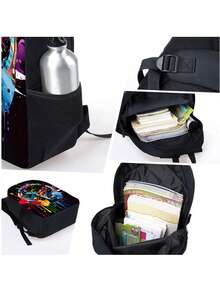 Gamepad Pattern Printed Backpack Three Pieces Set (Single-Layer Backpack + Shoulder Strap Round Lunch Bag + Single-Layer Pencil Bag) - Black - View 3