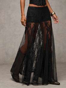 Women's Y2K LACE Patchwork Long Skirt Summer FloralHigh Waist Sheer Mesh See Through Midi A-Line Skirt For Beach Vacation Wear - 黑色 - 查看 5