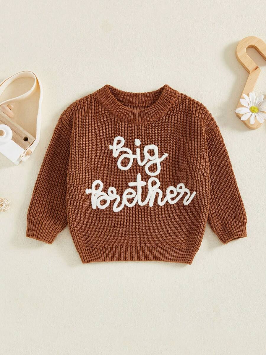 Toddler Boys Knitted Jumper Big Bro Letter Embroidery Round Neck Pullover Sweater Baby Warm Knit Tops Pullover Knitwear - 棕色栗黃 - 查看 1