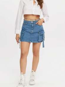 Damen Cargo Taschen Jeans Mini Rock, einfarbiger süßer Reißverschluss Knopf Strandrock - Blau - Übersicht 2