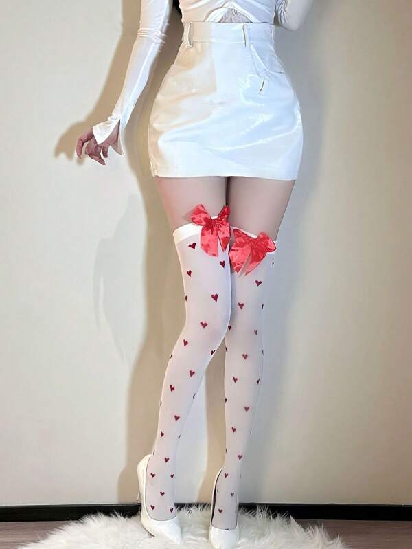 Meias altas da série Bow Decor, meias acima do joelho com laço vermelho e coração, meias femininas sensuais para o Halloween, acessórios de outono