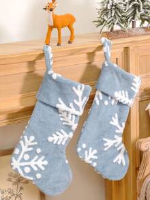1pc Christmas Socks, Blue Plush Jacquard Christmas Socks, Snowflake Christmas Socks, Christmas Tree Decorations, Christmas Gift Candy Bags, Holiday Gift Bags Christmas Decorations Winter Room Decor