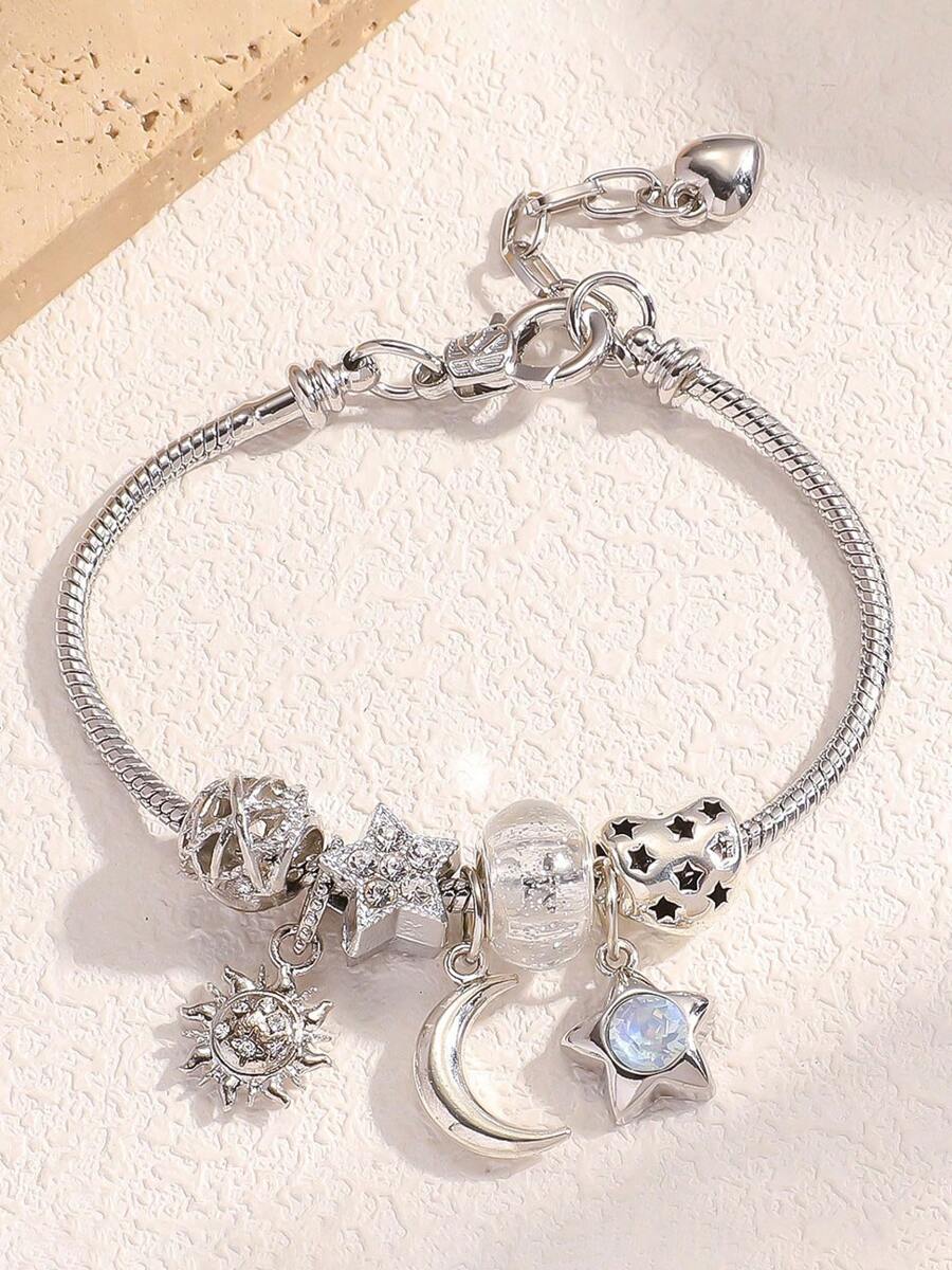 百搭星星月亮吊坠镂空串珠手链 镂空星星串珠手链 女士DIY时尚个性龙虾扣手链