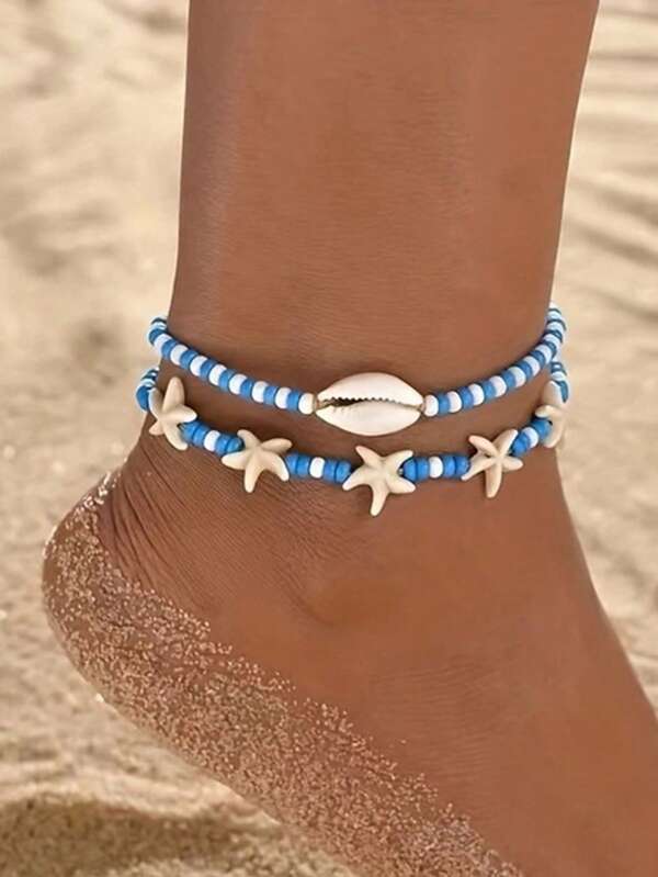 2pcs Nautical Style Beaded Anklet Set, Glass Beads With Blue And White Round Mini Spacer Beads, Stackable Foot Jewelry For Daily Wear, All-Season Vacation Accessory