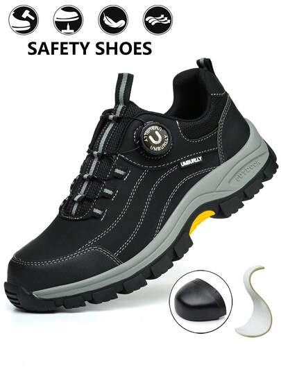 UMBURLLY Men's Steel Toe Safety Shoes, Anti-Smash, Anti-Pierce, Anti-Slip Sole, Side Button, Work Shoes For Outdoor, Construction, Workshop, Factory