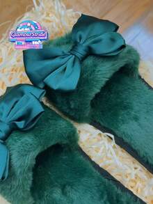 Women's Elegant Velvet Green Bowknot Flat Plush Open Toe Slippers For Valentine's Day, Christmas, Party And Home. Green Shoes With High-Quality TPR Non-Slip Outsole, Durable Slippers. Treat Yourself, Suitable For Halloween, Christmas - Green - View 6