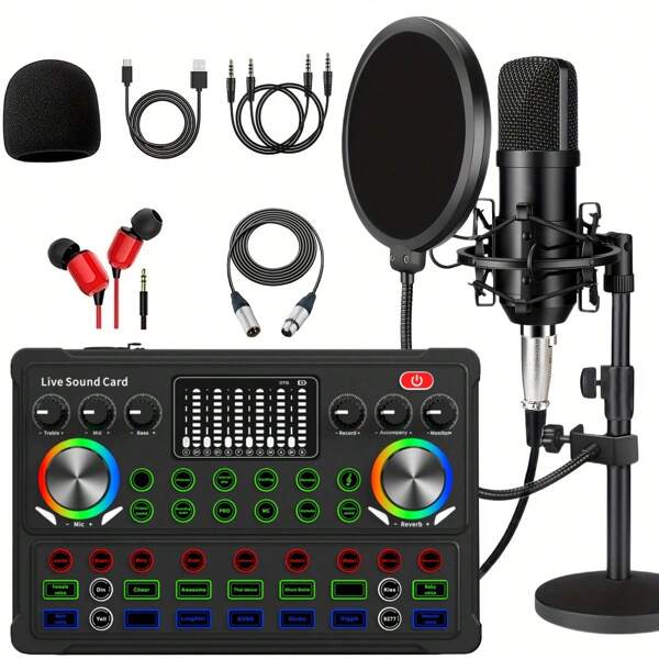 48V XLR Podcast Microphone Kit With Adjustable Mic Stand, Voice Changer For Smartphone, PC, DJ, Video Recording, Streaming, Gaming And Singing Studio Condenser Microphone