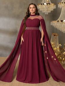 Faeriesty Curve Plus Rhinestone Detail Cloak Sleeves Chiffon Formal Dress-Perfect For Red Carpet Galas, Black-Tie Weddings, Award Ceremonies, Charity Balls, And Luxury Fashion Events